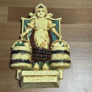 Antique Cast Iron Dutch Girl TV Match Safe Wall Pocket Holder Water Pail - Heavy